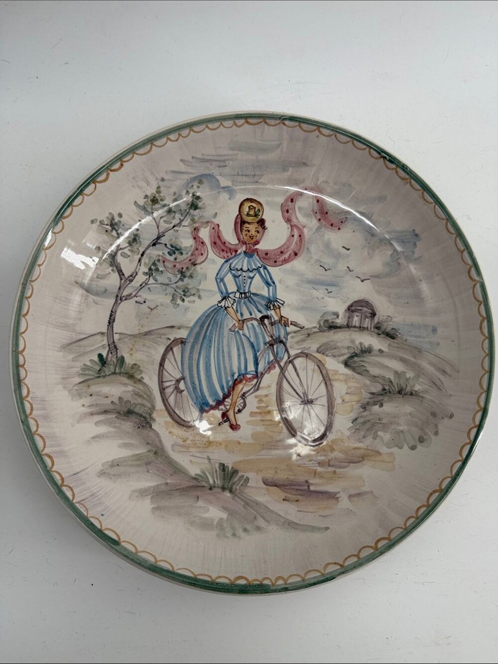 Vintage Ulmer Keramik Germany Hand Painted women bicycle 13" Plate/Bowl